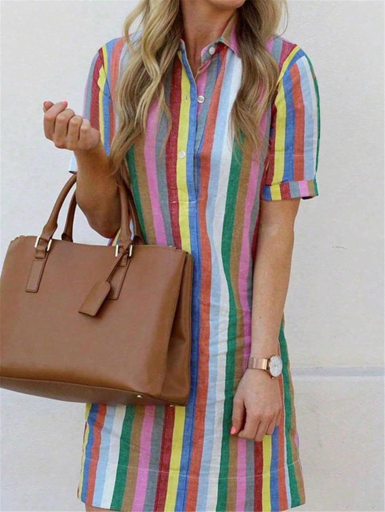 Women's Casual Striped Short Sleeve Shirt Dress, Button Front Woven Mini Dress, Summer Essential Elegant
