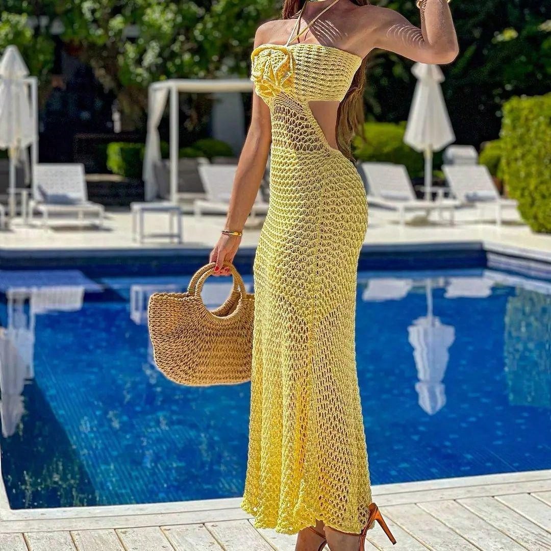 Women's Crochet Knit Maxi Dress With Fringe Sexy See Through Cutout Halter Backless Boho Style Beach Party Vacation Summer Outfit Resort Wear