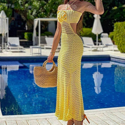 Women's Crochet Knit Maxi Dress With Fringe Sexy See Through Cutout Halter Backless Boho Style Beach Party Vacation Summer Outfit Resort Wear