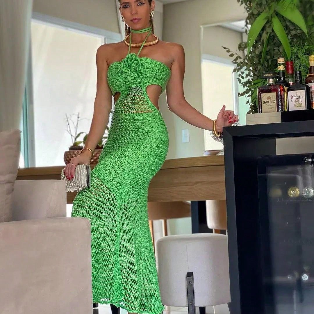 Women's Crochet Knit Maxi Dress With Fringe Sexy See Through Cutout Halter Backless Boho Style Beach Party Vacation Summer Outfit Resort Wear
