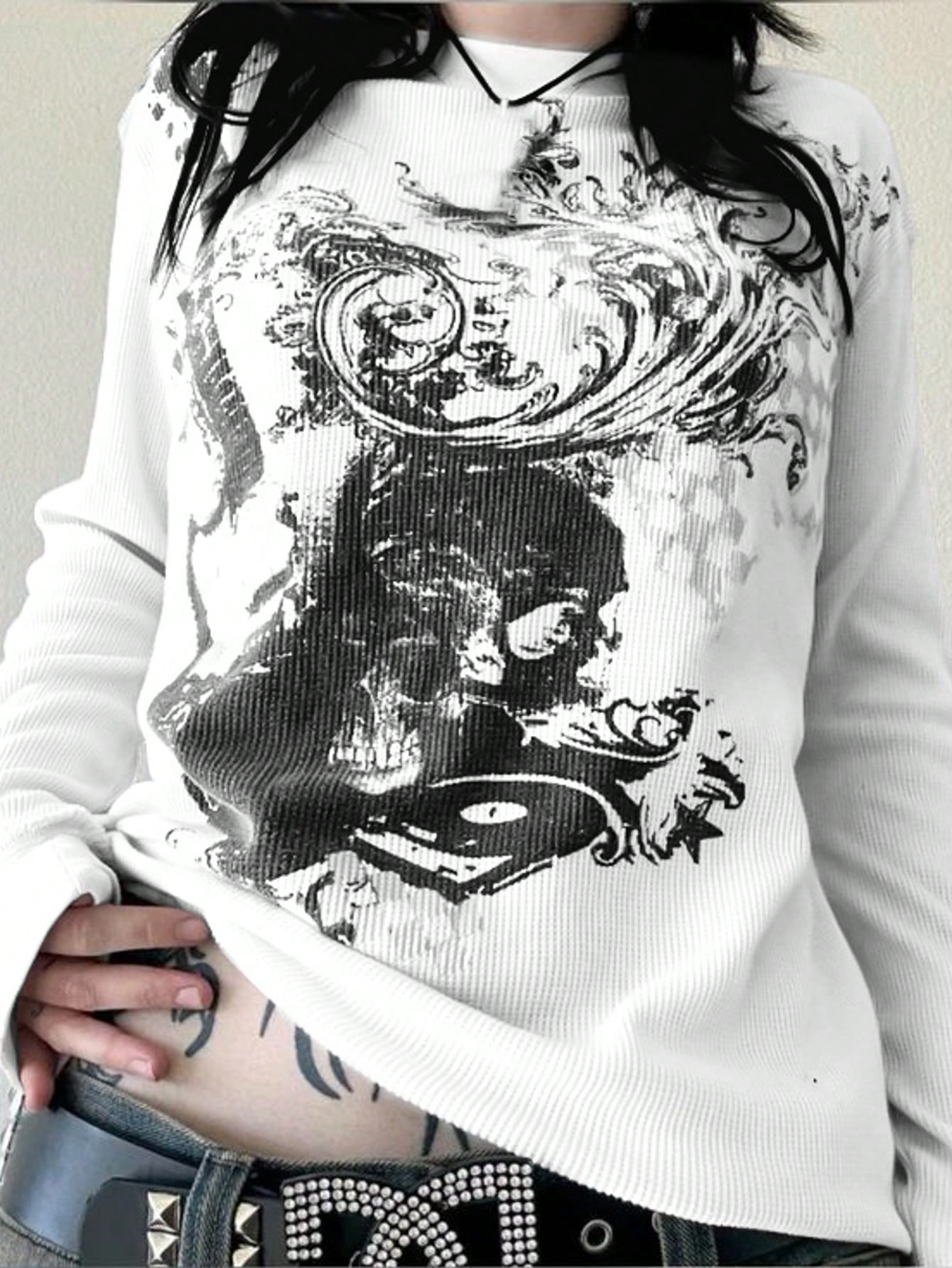 Women's Cyber Y2K Fashion Street Y2K Unique Print Round Neck Long Sleeve T-Shirt Casual White Spring