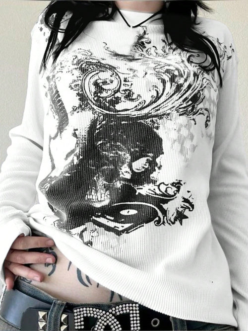 Women's Cyber Y2K Fashion Street Y2K Unique Print Round Neck Long Sleeve T-Shirt Casual White Spring