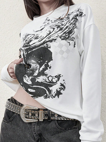 Women's Cyber Y2K Fashion Street Y2K Unique Print Round Neck Long Sleeve T-Shirt Casual White Spring