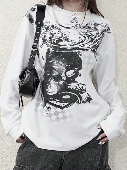 Women's Cyber Y2K Fashion Street Y2K Unique Print Round Neck Long Sleeve T-Shirt Casual White Spring