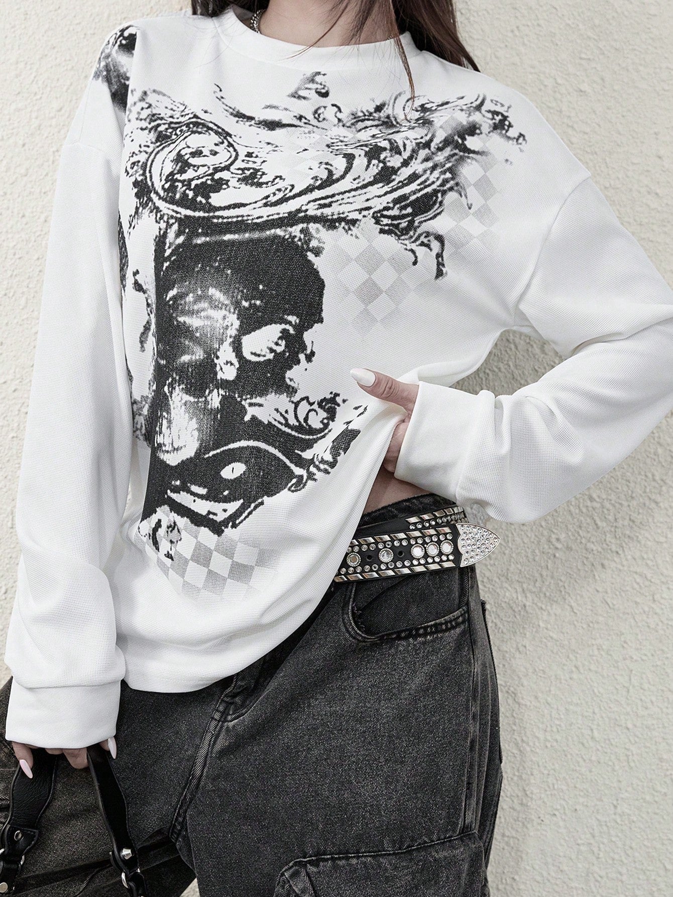 Women's Cyber Y2K Fashion Street Y2K Unique Print Round Neck Long Sleeve T-Shirt Casual White Spring