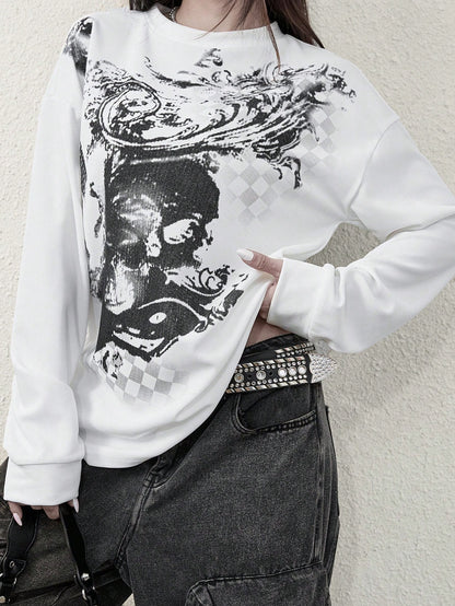 Women's Cyber Y2K Fashion Street Y2K Unique Print Round Neck Long Sleeve T-Shirt Casual White Spring