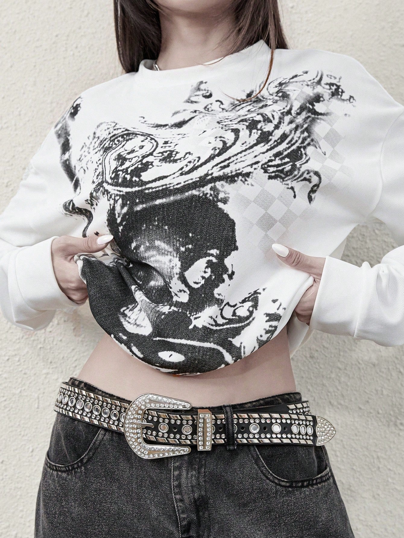 Women's Cyber Y2K Fashion Street Y2K Unique Print Round Neck Long Sleeve T-Shirt Casual White Spring