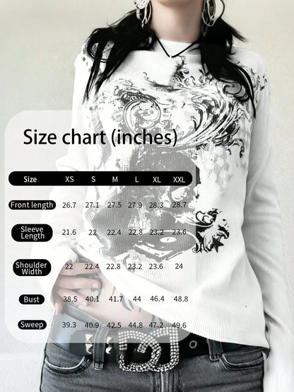 Women's Cyber Y2K Fashion Street Y2K Unique Print Round Neck Long Sleeve T-Shirt Casual White Spring