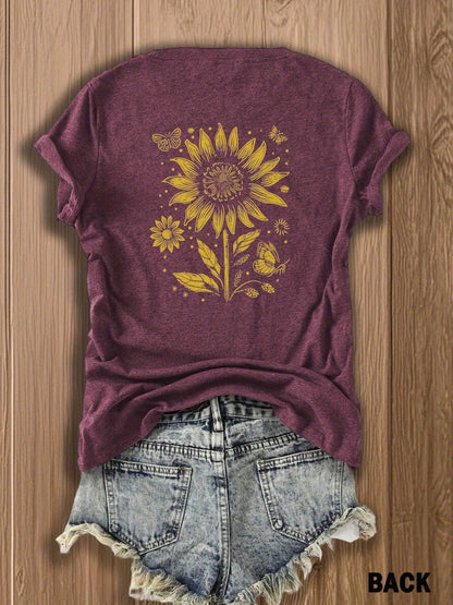 Women's Double-Sided Print T-Shirt Juneteenth Independence Day Gift Charming Sunflower Print Vintage Style Graphic Tee Summer Casual Wear Fashion Floral Design Top