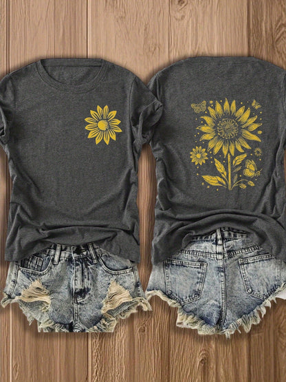 Women's Double-Sided Print T-Shirt Juneteenth Independence Day Gift Charming Sunflower Print Vintage Style Graphic Tee Summer Casual Wear Fashion Floral Design Top