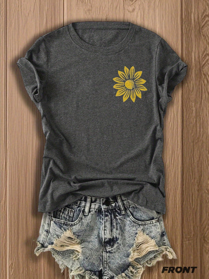 Women's Double-Sided Print T-Shirt Juneteenth Independence Day Gift Charming Sunflower Print Vintage Style Graphic Tee Summer Casual Wear Fashion Floral Design Top