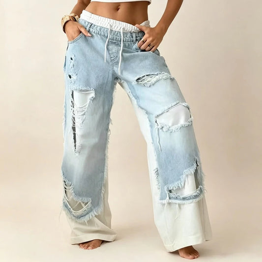Women's Drawstring Elastic Waist Ripped Frayed Hem Patchwork Wide Leg Denim Pants- Casual Streetwear Outfit