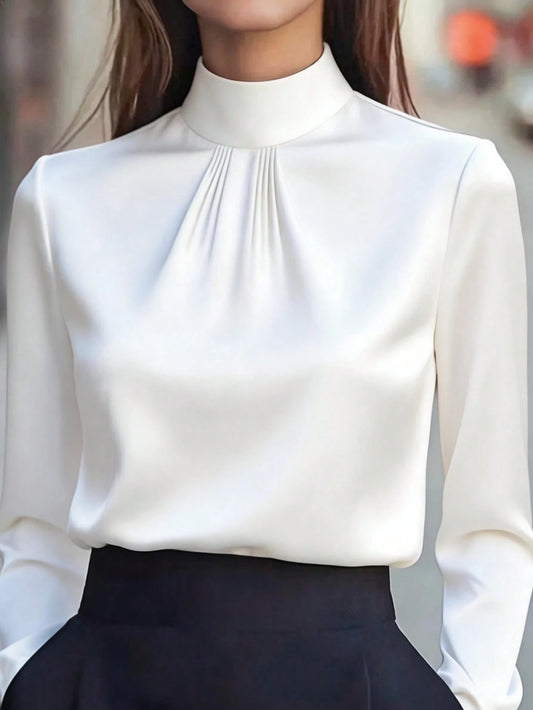 Women's Elegant Black Satin Blouse, Stand Collar Pleated Long Sleeve Top, Workplace Commute Graceful Slimming Satin Texture, Suitable For Office Or Formal Casual Occasions, Solid Color Buttons, Perfec