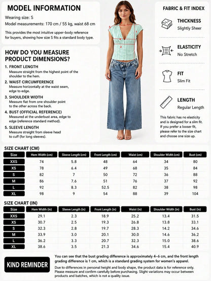 Women's Elegant Casual Fashion Slightly Sheer Deep V-Neck Cap Sleeve Top- Front Buttons, Exquisite Lace Patchwork,, Jacquard Fabric Summer