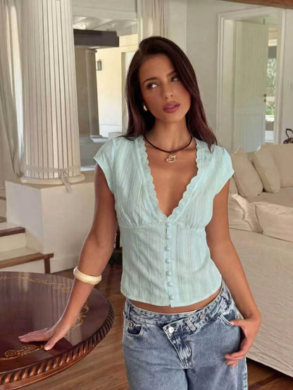 Women's Elegant Casual Fashion Slightly Sheer Deep V-Neck Cap Sleeve Top- Front Buttons, Exquisite Lace Patchwork,, Jacquard Fabric Summer