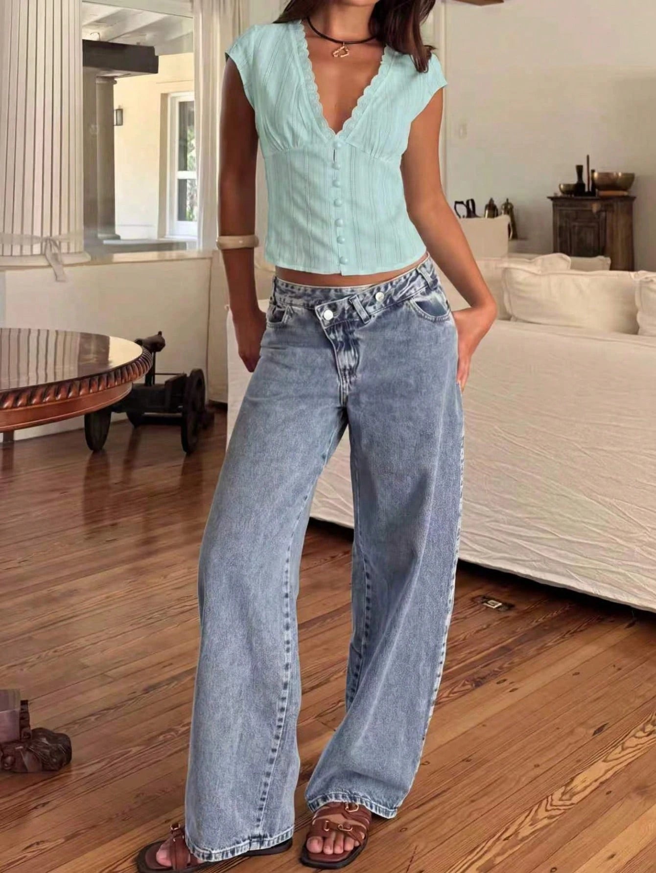 Women's Elegant Casual Fashion Slightly Sheer Deep V-Neck Cap Sleeve Top- Front Buttons, Exquisite Lace Patchwork,, Jacquard Fabric Summer
