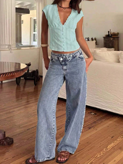 Women's Elegant Casual Fashion Slightly Sheer Deep V-Neck Cap Sleeve Top- Front Buttons, Exquisite Lace Patchwork,, Jacquard Fabric Summer