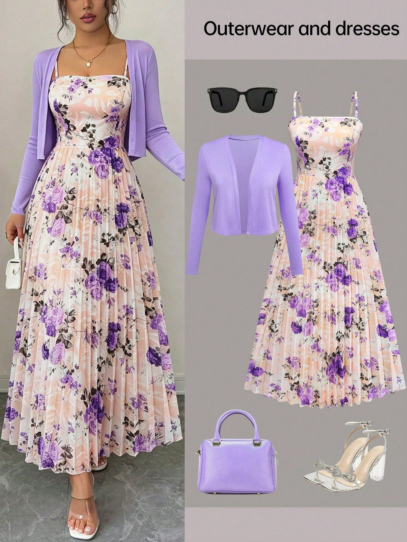 Women's Elegant Floral Print Pleated Waist Ruffle Hem Dress With Knit Cardigan Set, Suitable For Date, Valentine's Day, Casual Holiday Spring