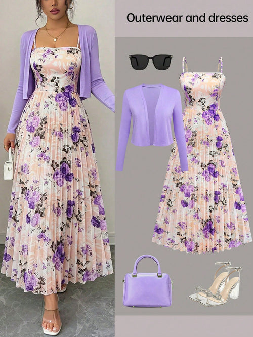 Women's Elegant Floral Print Pleated Waist Ruffle Hem Dress With Knit Cardigan Set, Suitable For Date, Valentine's Day, Casual Holiday Spring