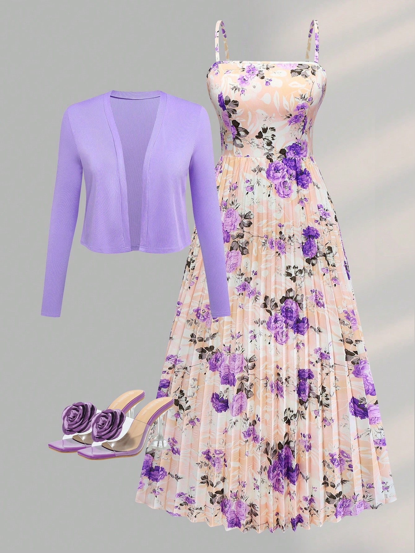 Women's Elegant Floral Print Pleated Waist Ruffle Hem Dress With Knit Cardigan Set, Suitable For Date, Valentine's Day, Casual Holiday Spring