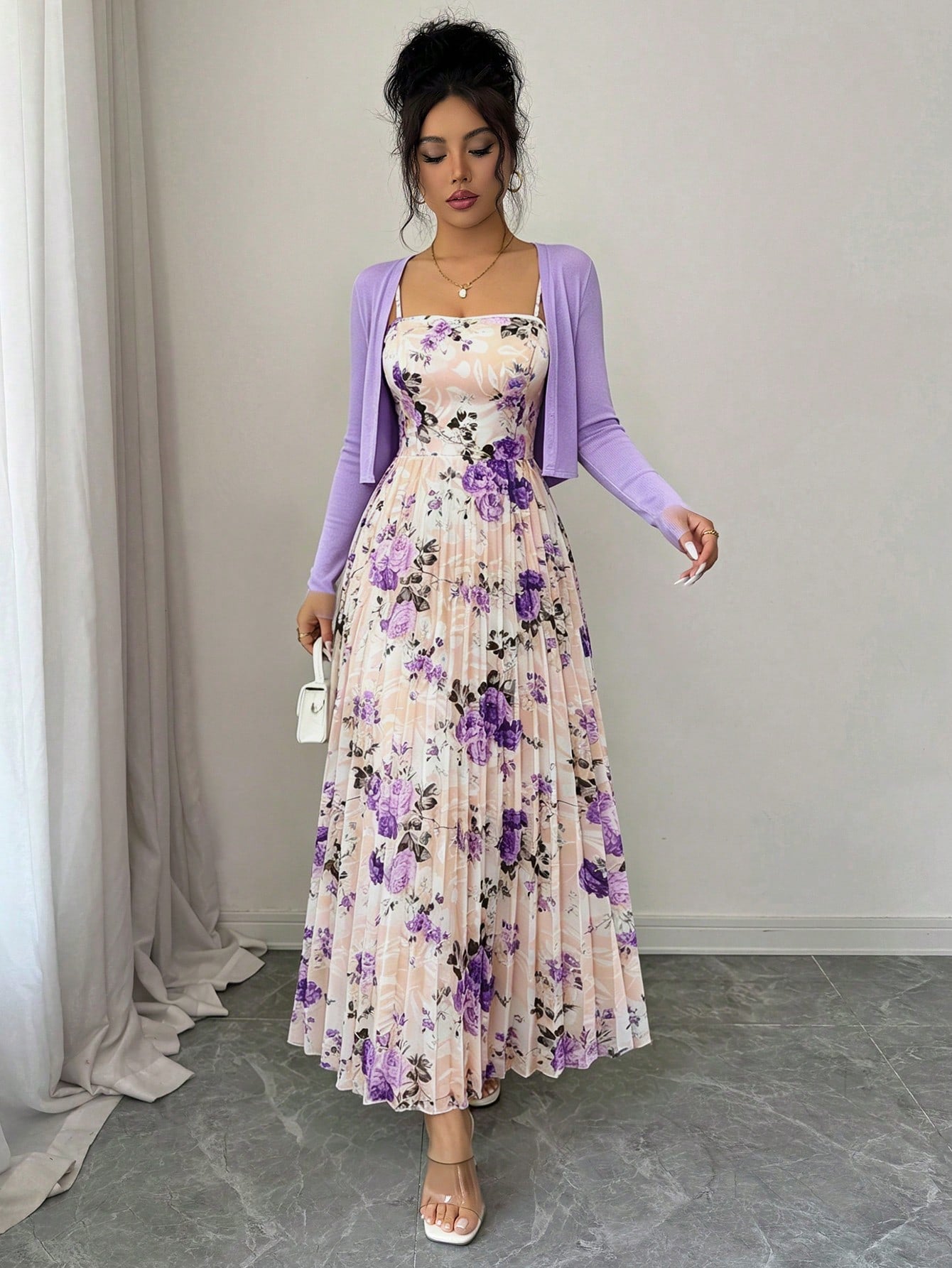 Women's Elegant Floral Print Pleated Waist Ruffle Hem Dress With Knit Cardigan Set, Suitable For Date, Valentine's Day, Casual Holiday Spring