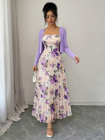 Women's Elegant Floral Print Pleated Waist Ruffle Hem Dress With Knit Cardigan Set, Suitable For Date, Valentine's Day, Casual Holiday Spring