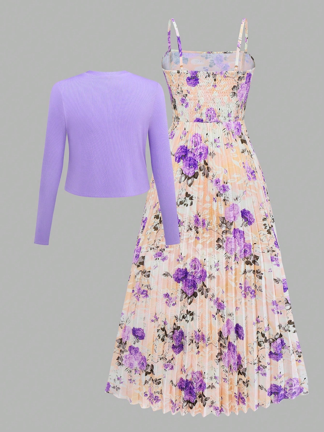 Women's Elegant Floral Print Pleated Waist Ruffle Hem Dress With Knit Cardigan Set, Suitable For Date, Valentine's Day, Casual Holiday Spring