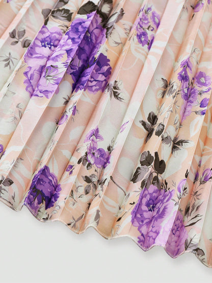 Women's Elegant Floral Print Pleated Waist Ruffle Hem Dress With Knit Cardigan Set, Suitable For Date, Valentine's Day, Casual Holiday Spring