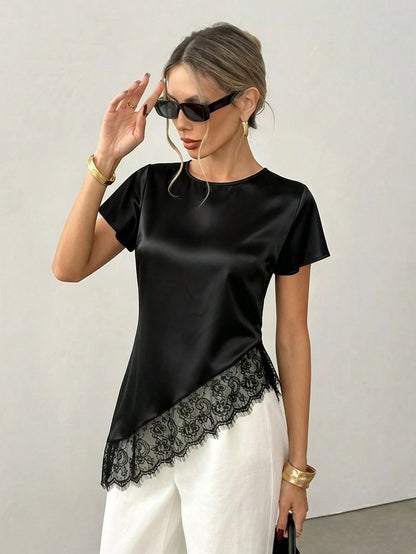 Women's Elegant Lace-Trimmed, Asymmetric Hem, Round Neck, Satin Black Blouse, Suitable For Commuting, Social/Office Top, Casual Elegant Summer Commuting Top