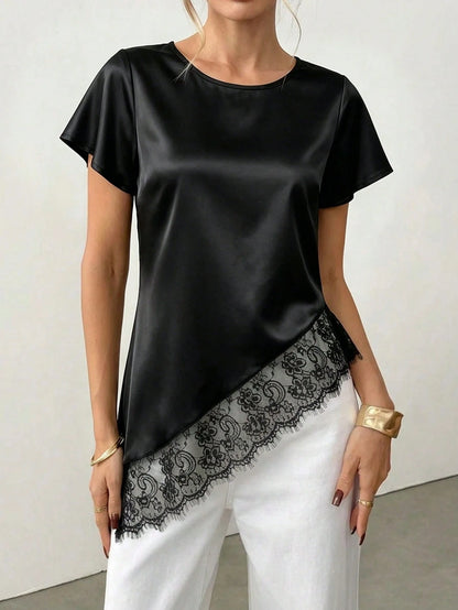Women's Elegant Lace-Trimmed, Asymmetric Hem, Round Neck, Satin Black Blouse, Suitable For Commuting, Social/Office Top, Casual Elegant Summer Commuting Top