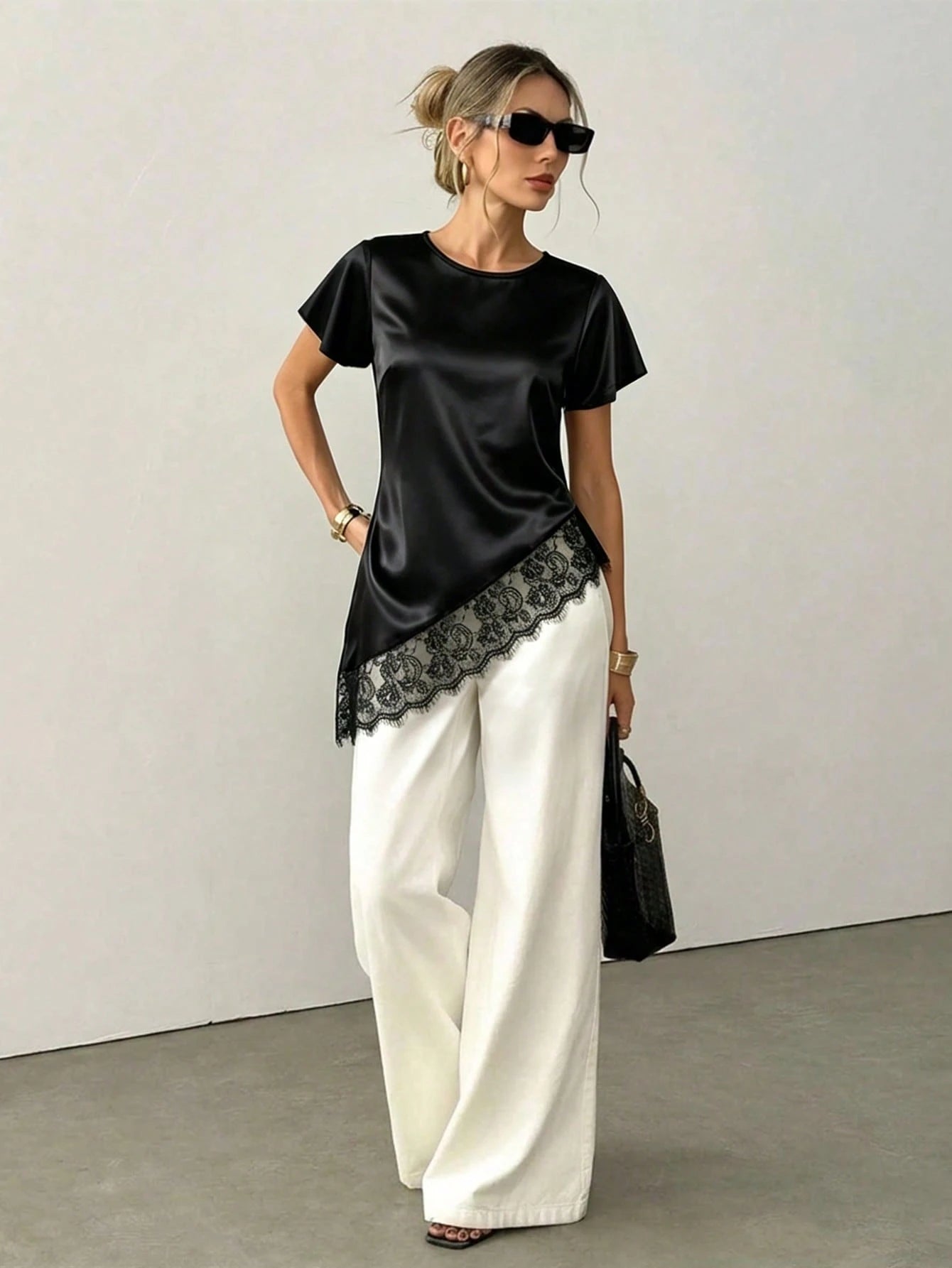 Women's Elegant Lace-Trimmed, Asymmetric Hem, Round Neck, Satin Black Blouse, Suitable For Commuting, Social/Office Top, Casual Elegant Summer Commuting Top
