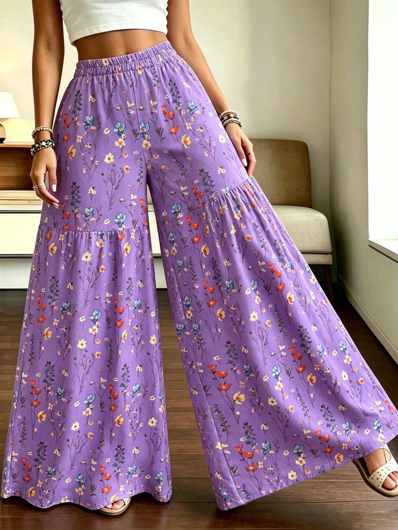Women's Elegant Lightweight Printed Wide-Leg Pants, Comfortable Loose Fit, Suitable For All Seasons Vacation
