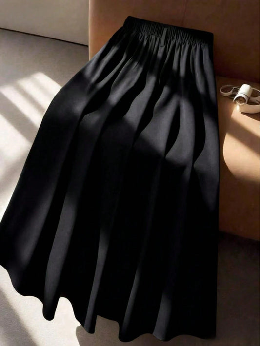 Women's Elegant Long Pleated Flare Skirt, Casual Versatile, Non-Stretch Black Spring
