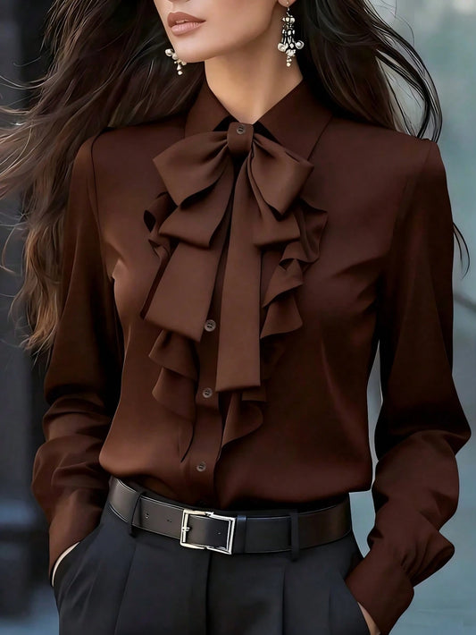 Women's Elegant Long Sleeve Blouse, Brown Collar Tie, Ruffle And Bow Details, Regular Fit Top, Suitable For Work, Spring, Autumn