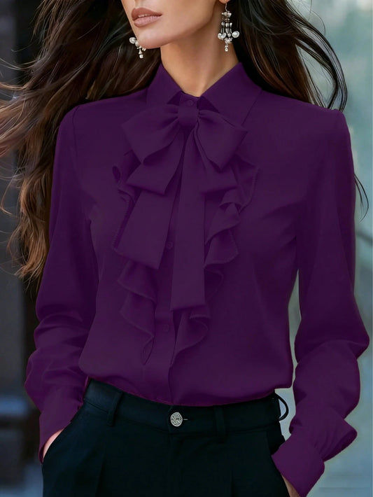 Women's Elegant Long Sleeve Blouse, Purple Tie Collar With Ruffle And Bow Details, Regular Fit Top, Suitable For Work, Spring, Autumn