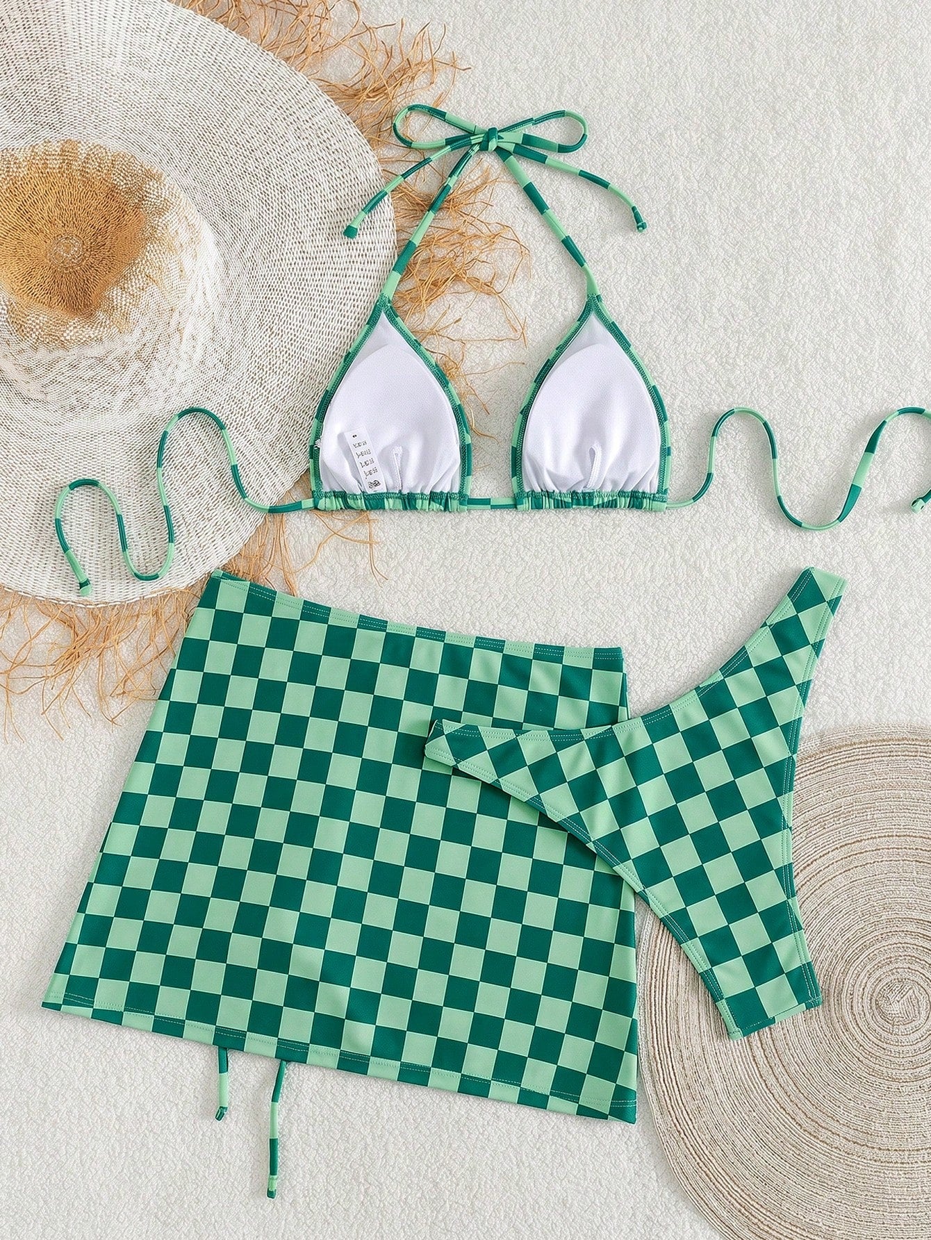 Women's Elegant Sexy Bohemian Checkerboard Green Print Halter Neck Backless Beach Bikini Set With Coverup And Skirt, 3-Piece Summer Vacation Outfit