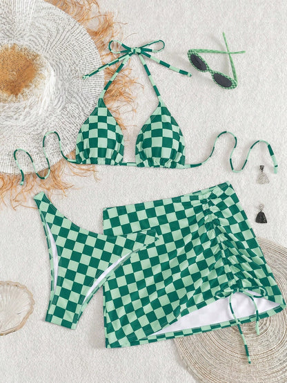 Women's Elegant Sexy Bohemian Checkerboard Green Print Halter Neck Backless Beach Bikini Set With Coverup And Skirt, 3-Piece Summer Vacation Outfit