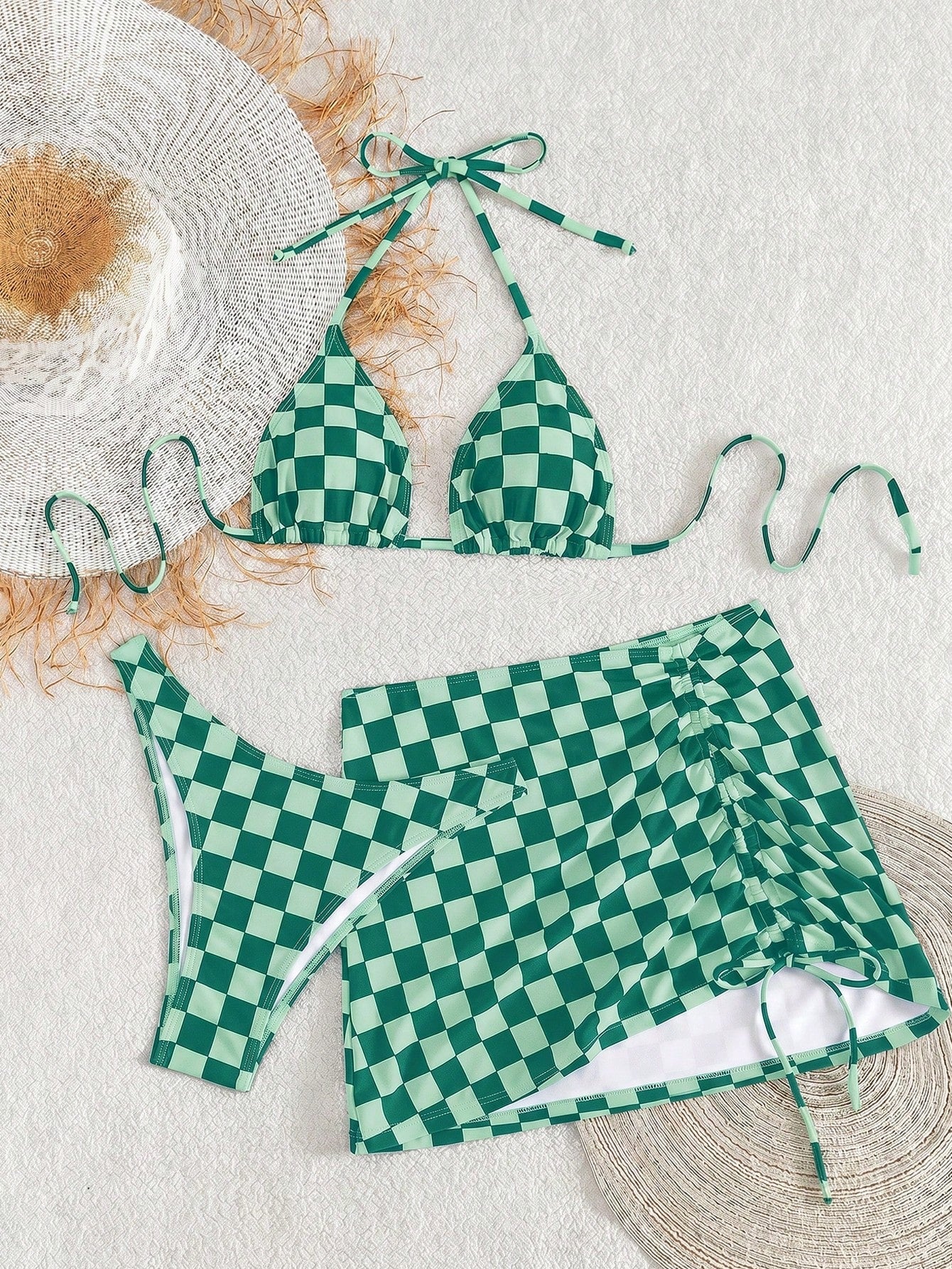 Women's Elegant Sexy Bohemian Checkerboard Green Print Halter Neck Backless Beach Bikini Set With Coverup And Skirt, 3-Piece Summer Vacation Outfit