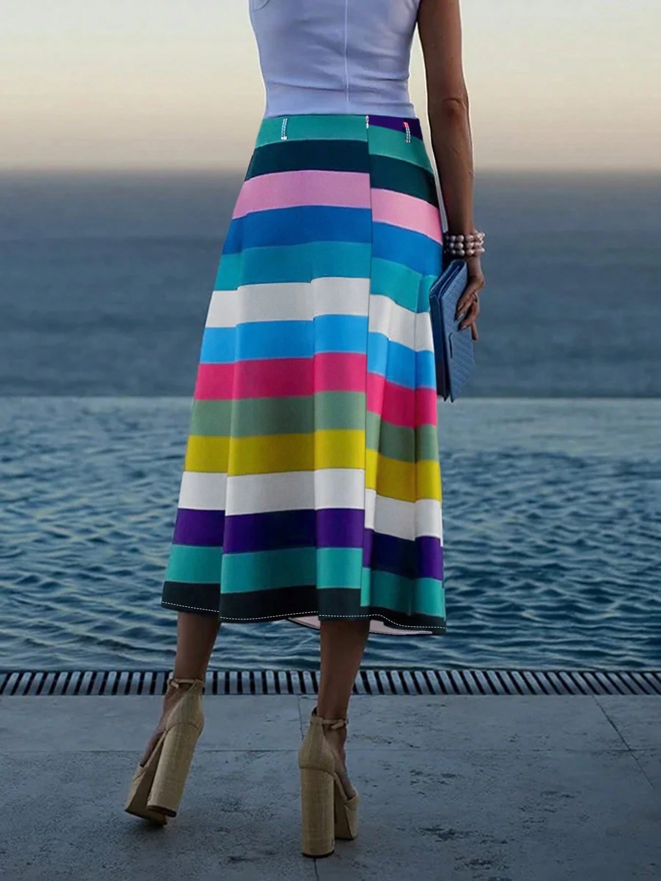 Women's Fashion Casual A-Line Skirt, Colorblock Striped Patchwork Without Waistband, Colorful Striped Skirt, Lightweight Comfortable Polyester Material, Suitable For Spring/Summer Beach Vacation And C