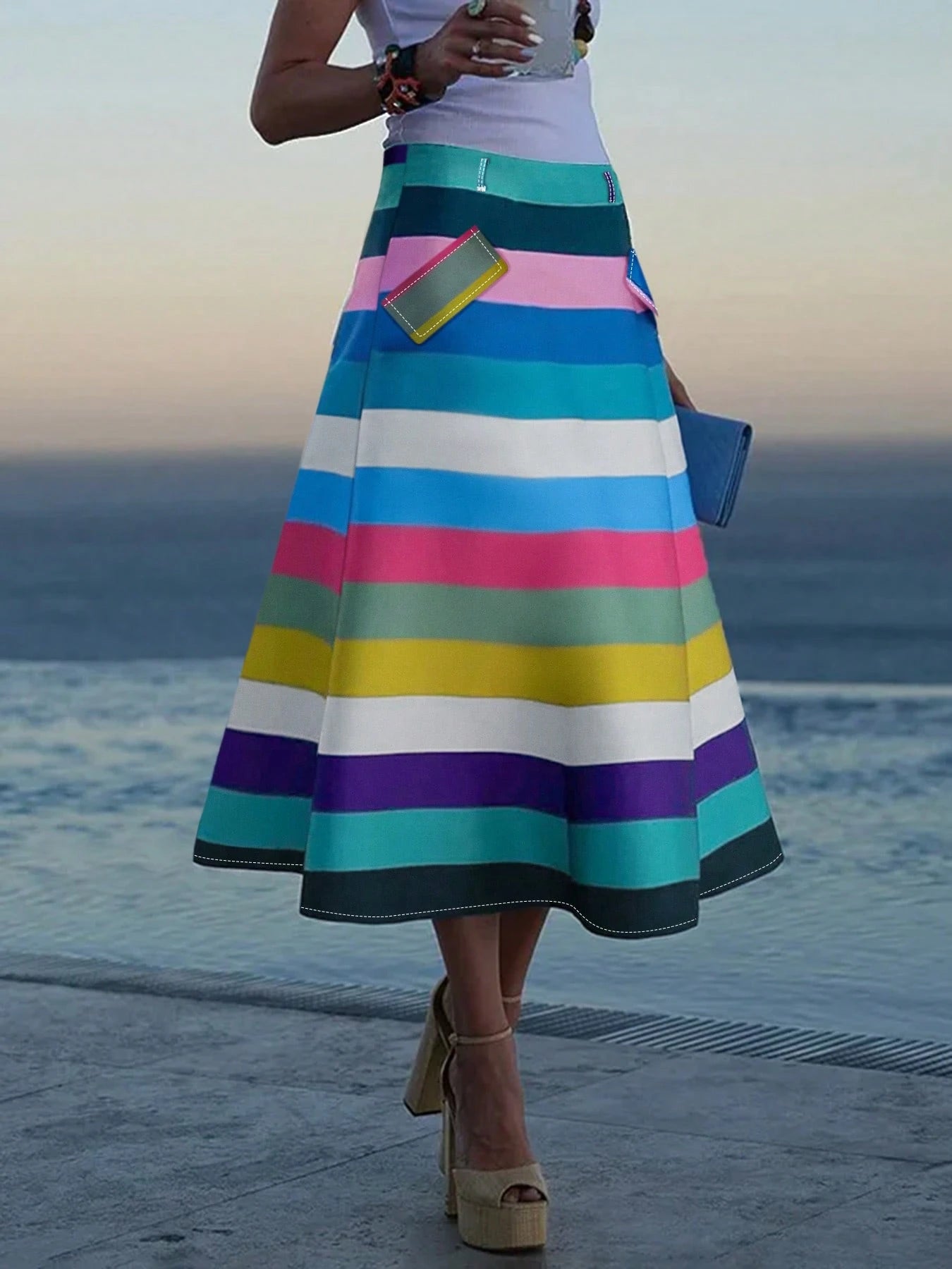 Women's Fashion Casual A-Line Skirt, Colorblock Striped Patchwork Without Waistband, Colorful Striped Skirt, Lightweight Comfortable Polyester Material, Suitable For Spring/Summer Beach Vacation And C