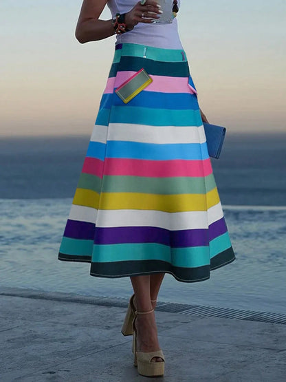Women's Fashion Casual A-Line Skirt, Colorblock Striped Patchwork Without Waistband, Colorful Striped Skirt, Lightweight Comfortable Polyester Material, Suitable For Spring/Summer Beach Vacation And C