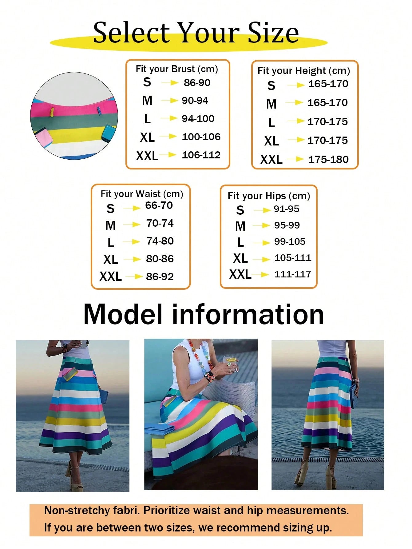Women's Fashion Casual A-Line Skirt, Colorblock Striped Patchwork Without Waistband, Colorful Striped Skirt, Lightweight Comfortable Polyester Material, Suitable For Spring/Summer Beach Vacation And C