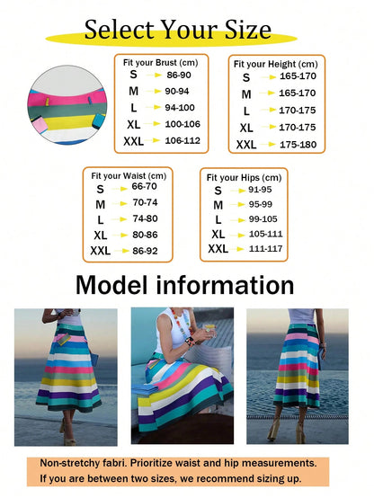Women's Fashion Casual A-Line Skirt, Colorblock Striped Patchwork Without Waistband, Colorful Striped Skirt, Lightweight Comfortable Polyester Material, Suitable For Spring/Summer Beach Vacation And C