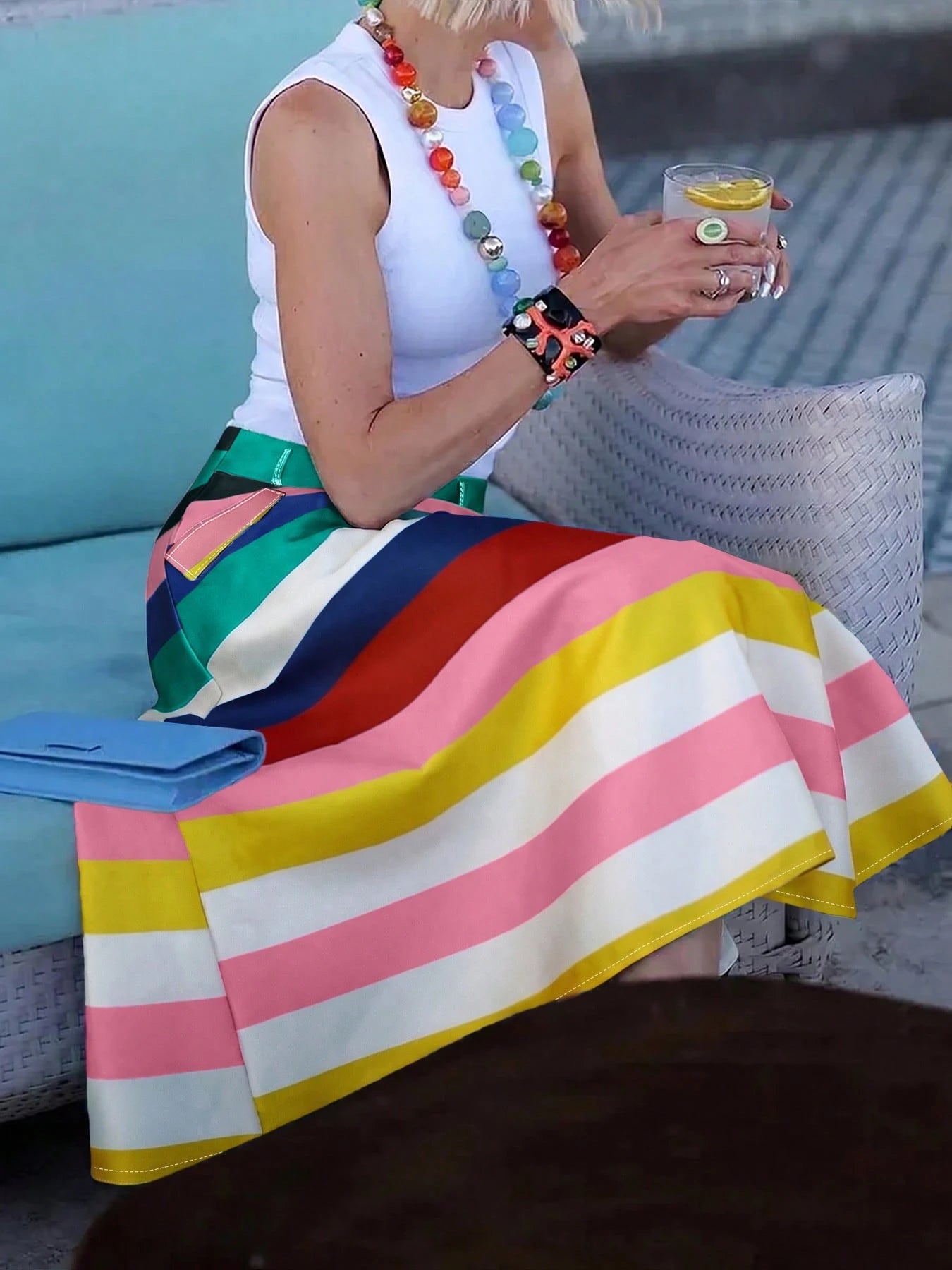 Women's Fashion Casual A-Line Skirt, Colorblock Striped Patchwork Without Waistband, Colorful Striped Skirt, Lightweight Comfortable Polyester Material, Suitable For Spring/Summer Beach Vacation And C