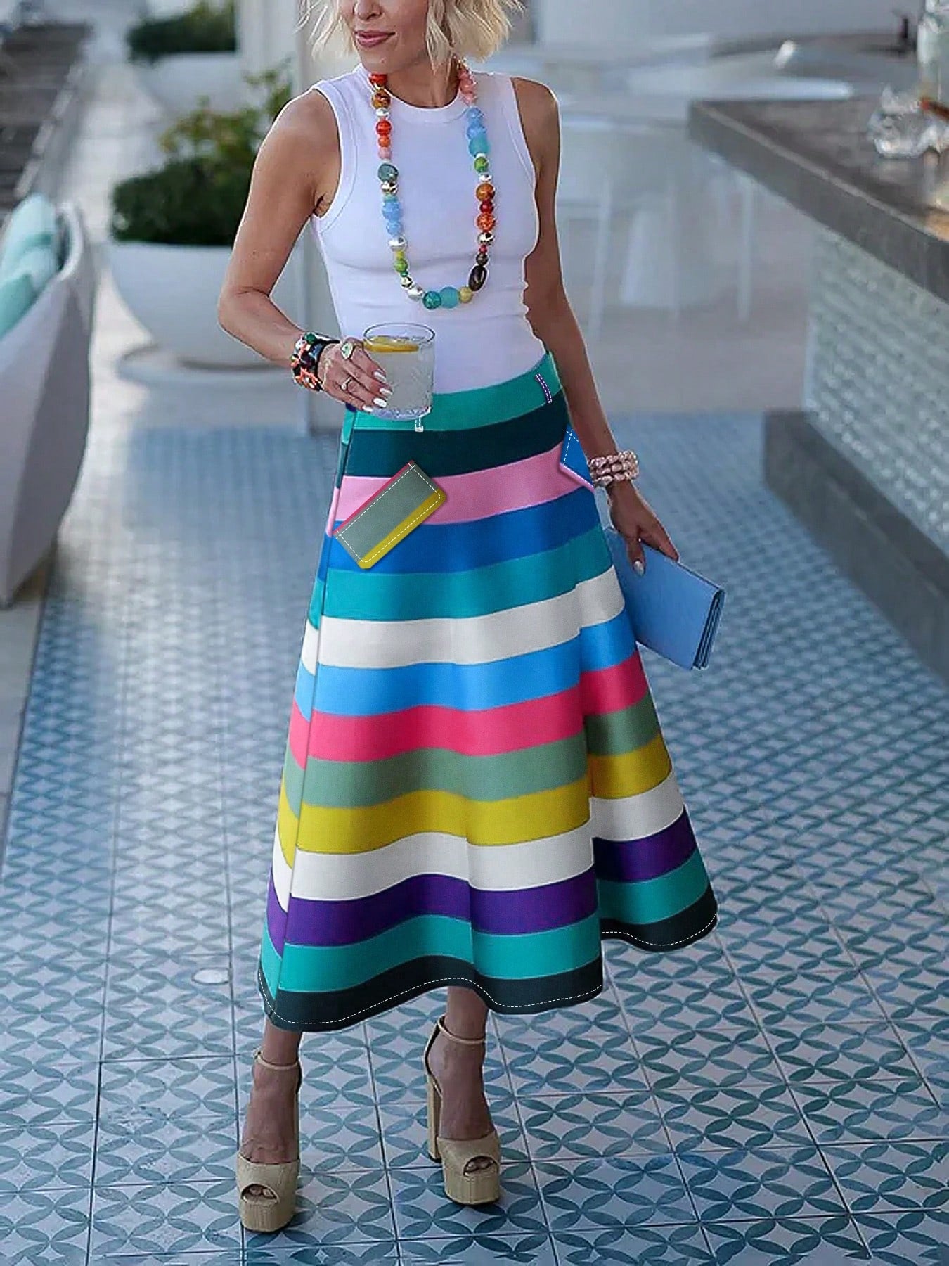 Women's Fashion Casual A-Line Skirt, Colorblock Striped Patchwork Without Waistband, Colorful Striped Skirt, Lightweight Comfortable Polyester Material, Suitable For Spring/Summer Beach Vacation And C