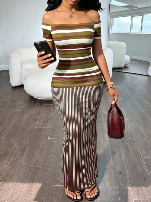 Women's Fashion Casual Striped Print Off-Shoulder Short Sleeve Fitted Slit Maxi Dress Elegant Summer