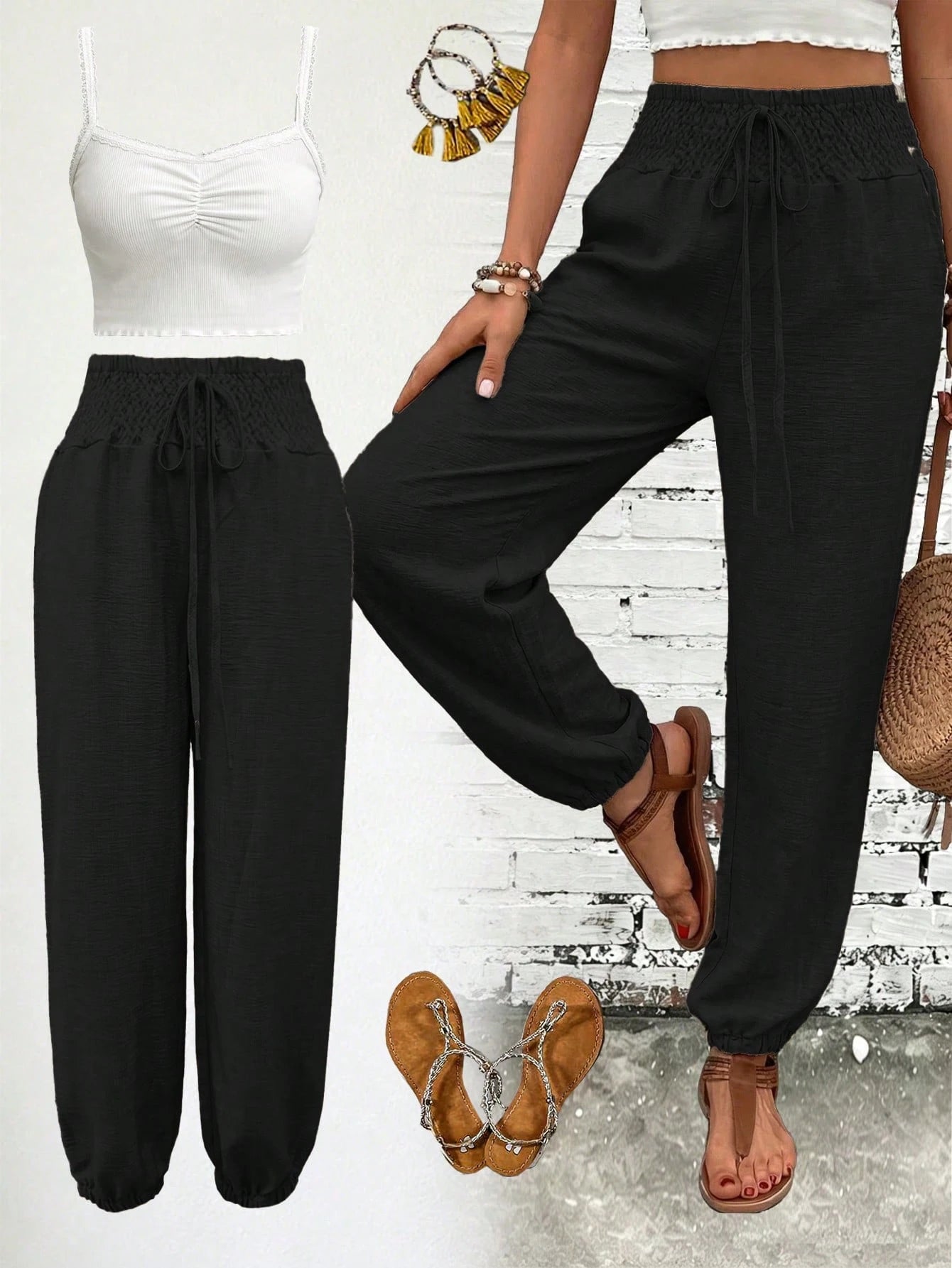 Women's Fashion Commute Solid Color Faux Linen Waist Tie Pocket Long Pants, Fashion Casual Trousers Black