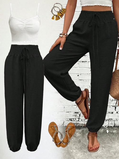 Women's Fashion Commute Solid Color Faux Linen Waist Tie Pocket Long Pants, Fashion Casual Trousers Black