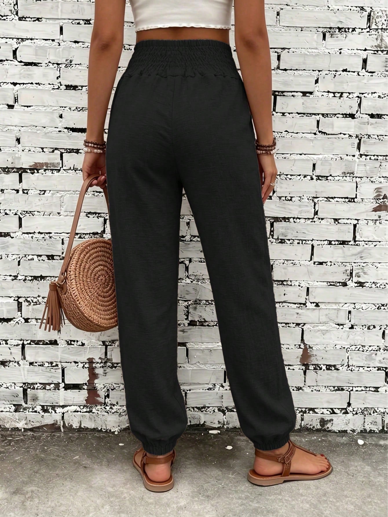 Women's Fashion Commute Solid Color Faux Linen Waist Tie Pocket Long Pants, Fashion Casual Trousers Black