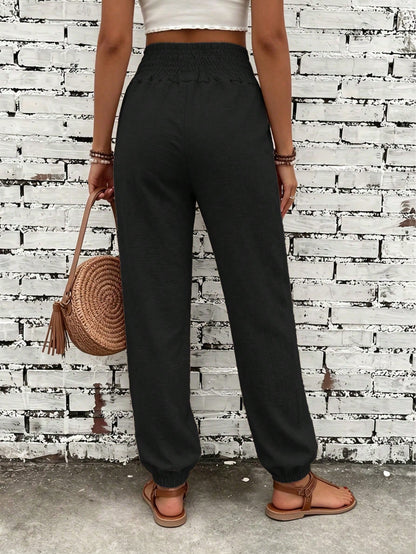 Women's Fashion Commute Solid Color Faux Linen Waist Tie Pocket Long Pants, Fashion Casual Trousers Black